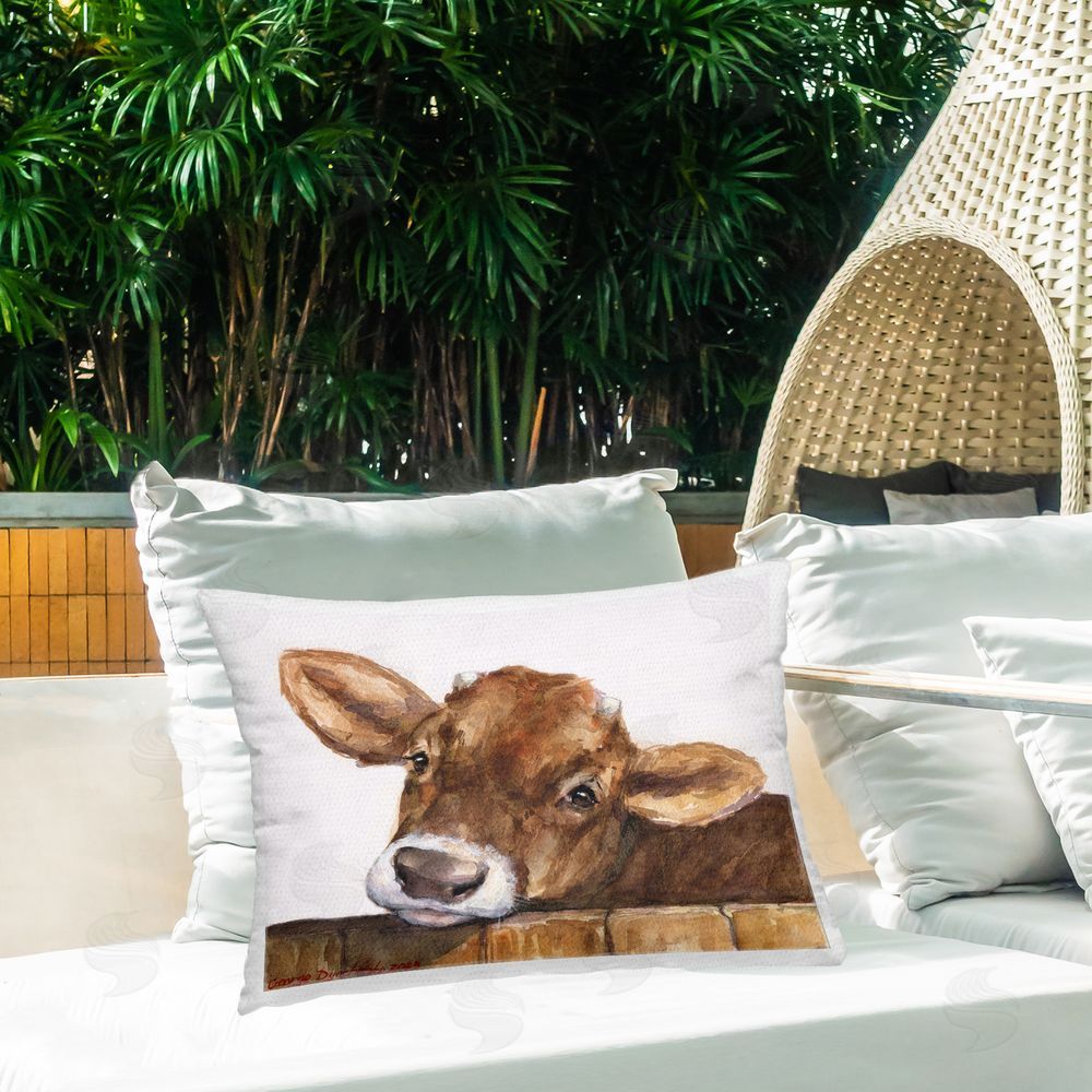 George Dyachenko Cattle Resting on Fence Outdoor Quick-Dry Polyester Printed Throw Pillow in Back Yard