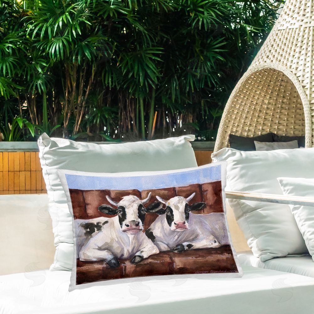George Dyachenko Cows on Farmhouse Couch Outdoor Quick-Dry Polyester Printed Throw Pillow in Back Yard