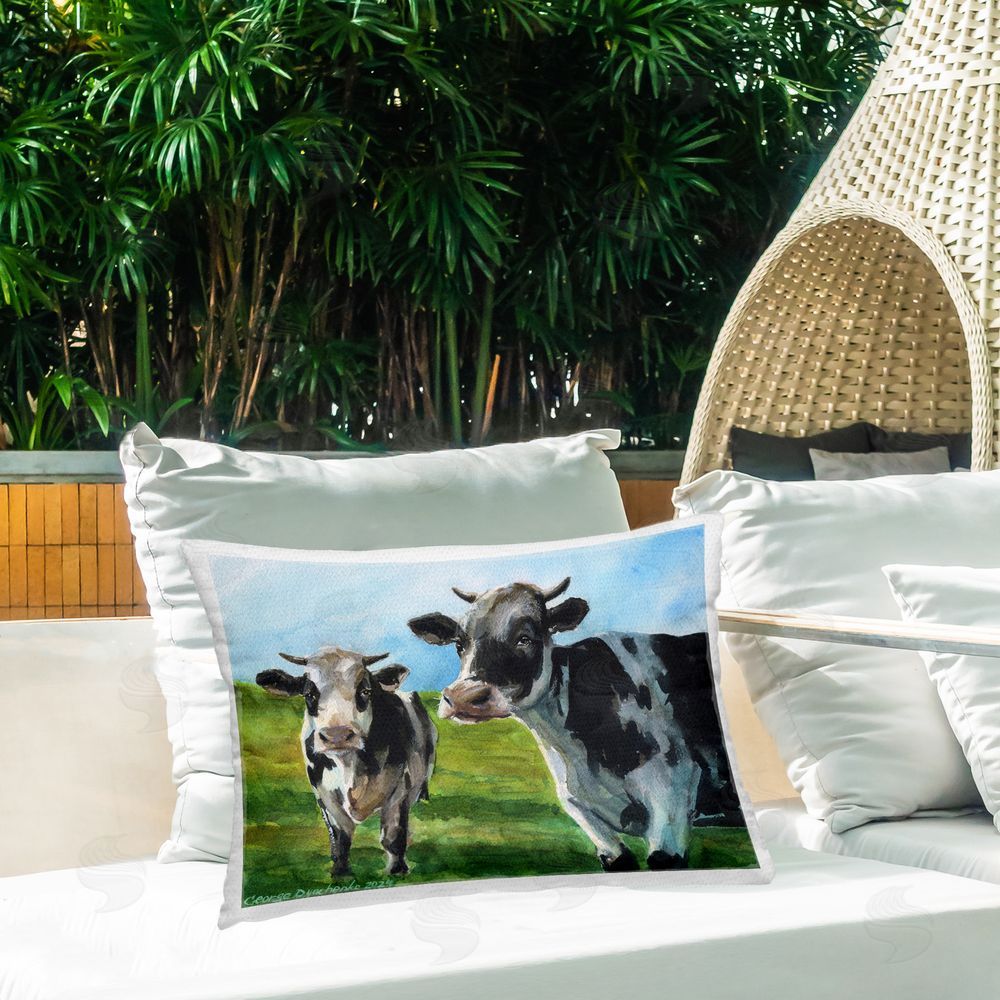 George Dyachenko Traditional Cows in Field Outdoor Quick-Dry Polyester Printed Throw Pillow in Back Yard