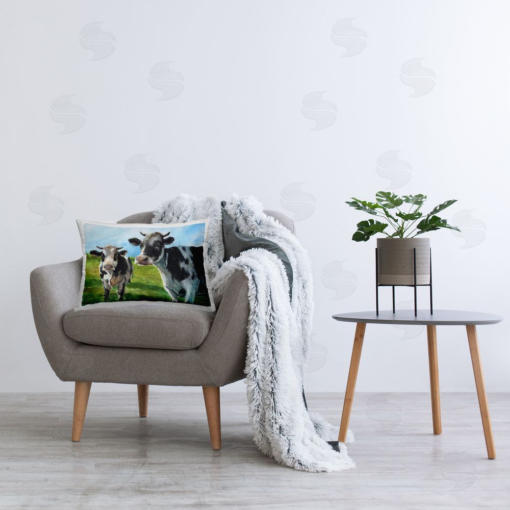 George Dyachenko Traditional Cows in Field Printed Plush Polyester Throw Pillow On Chair