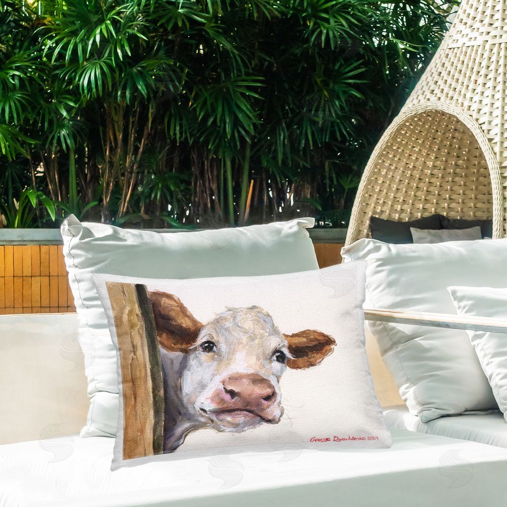 George Dyachenko Smiling Peeking Cow Outdoor Quick-Dry Polyester Printed Throw Pillow in Back Yard