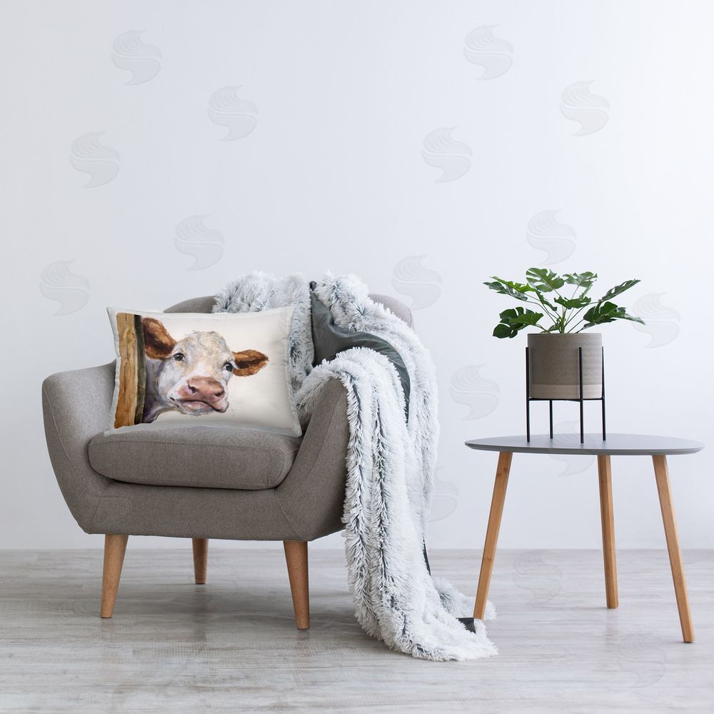 George Dyachenko Smiling Peeking Cow Printed Plush Polyester Throw Pillow On Chair