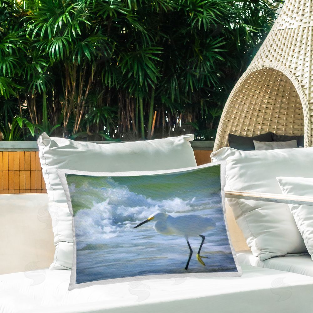 Graffitee Studios Heron & Splashing Sea Outdoor Quick-Dry Polyester Printed Throw Pillow in Back Yard
