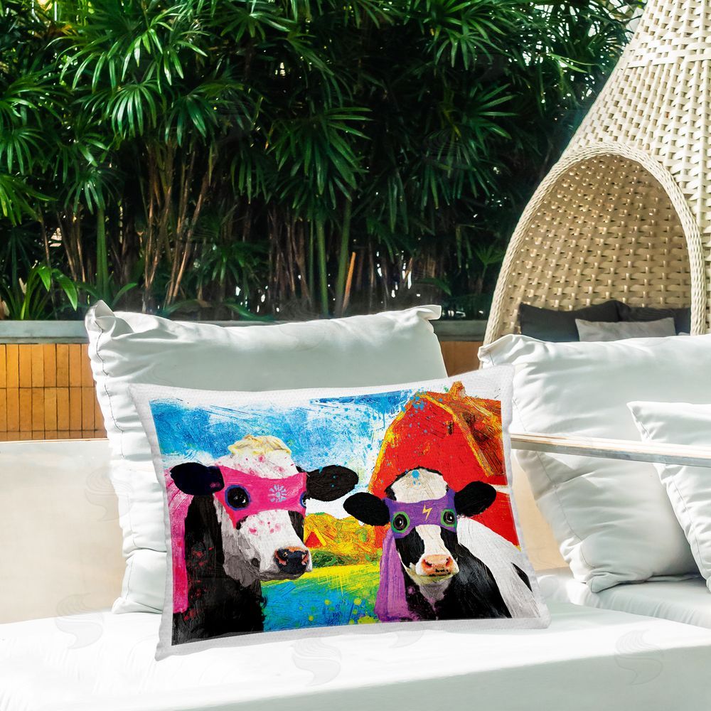 Porter Hastings Abstract Superhero Cows Outdoor Quick-Dry Polyester Printed Throw Pillow in Back Yard