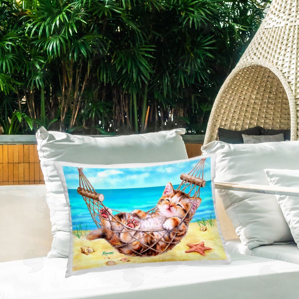 Kayomi Harai Kitten & Beach Hammock Outdoor Quick-Dry Polyester Printed Throw Pillow in Back Yard