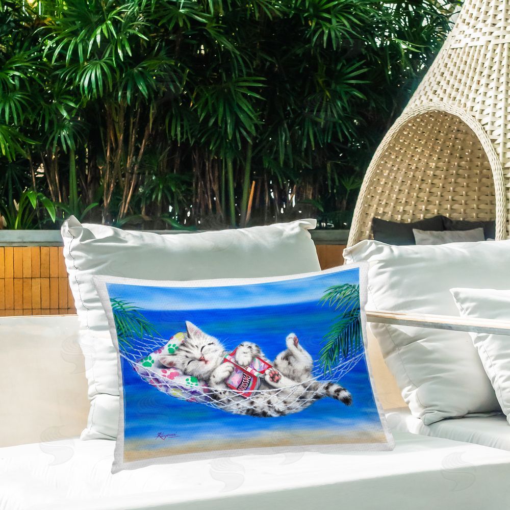 Kayomi Harai Kitten in Tropical Hammock Outdoor Quick-Dry Polyester Printed Throw Pillow in Back Yard