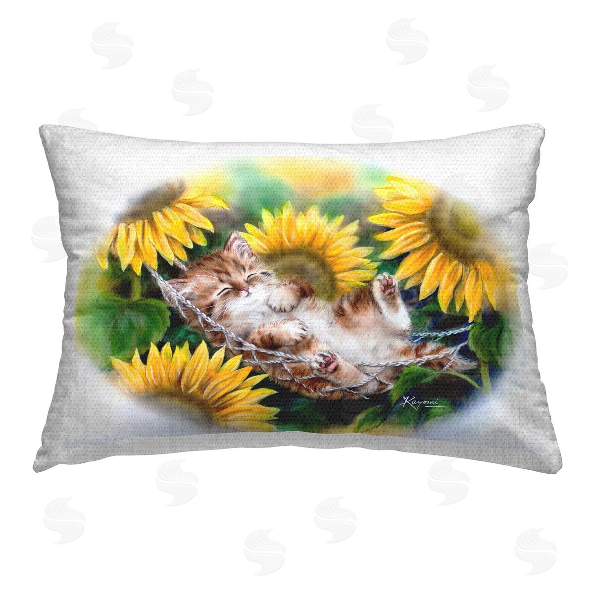 Kayomi Harai Sleeping Cat & Sunflowers Outdoor Quick-Dry Polyester Printed Throw Pillow