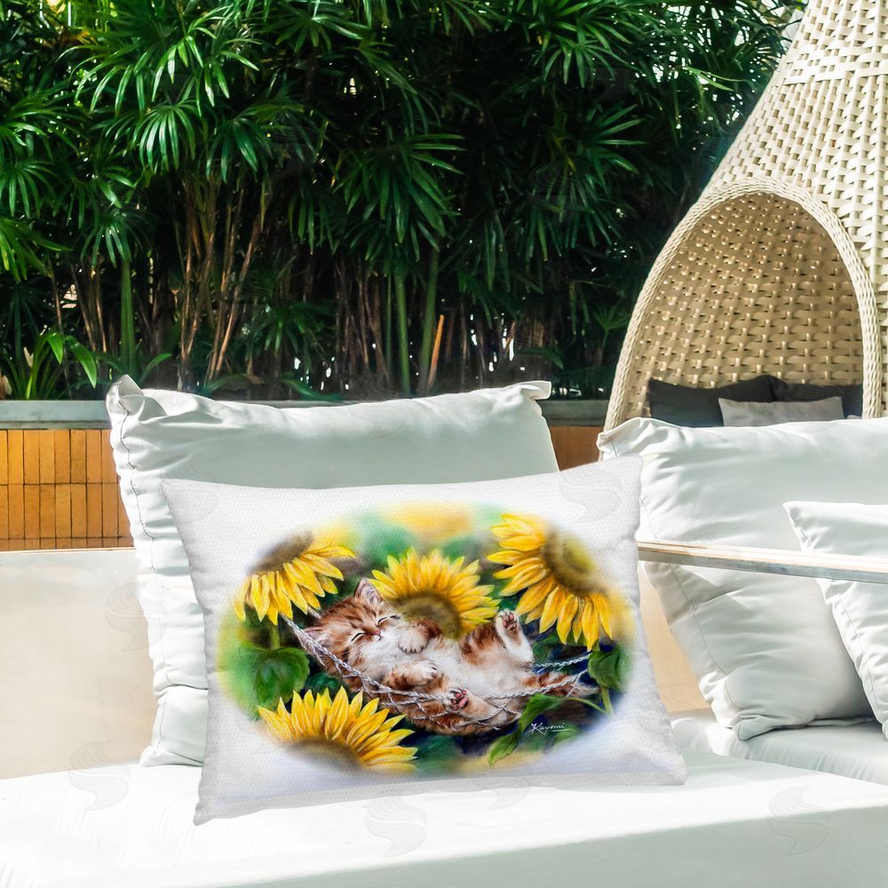 Kayomi Harai Sleeping Cat & Sunflowers Outdoor Quick-Dry Polyester Printed Throw Pillow in Back Yard