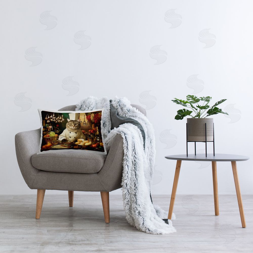 Michael David Ward Chef Cat in Kitchen Printed Plush Polyester Throw Pillow On Chair