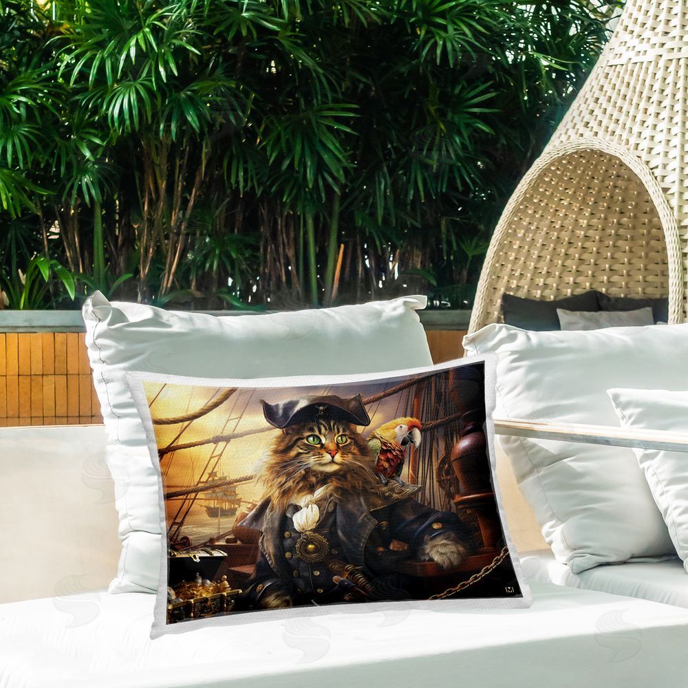 Michael David Ward Pirate Cat Aboard Ship Outdoor Quick-Dry Polyester Printed Throw Pillow in Back Yard