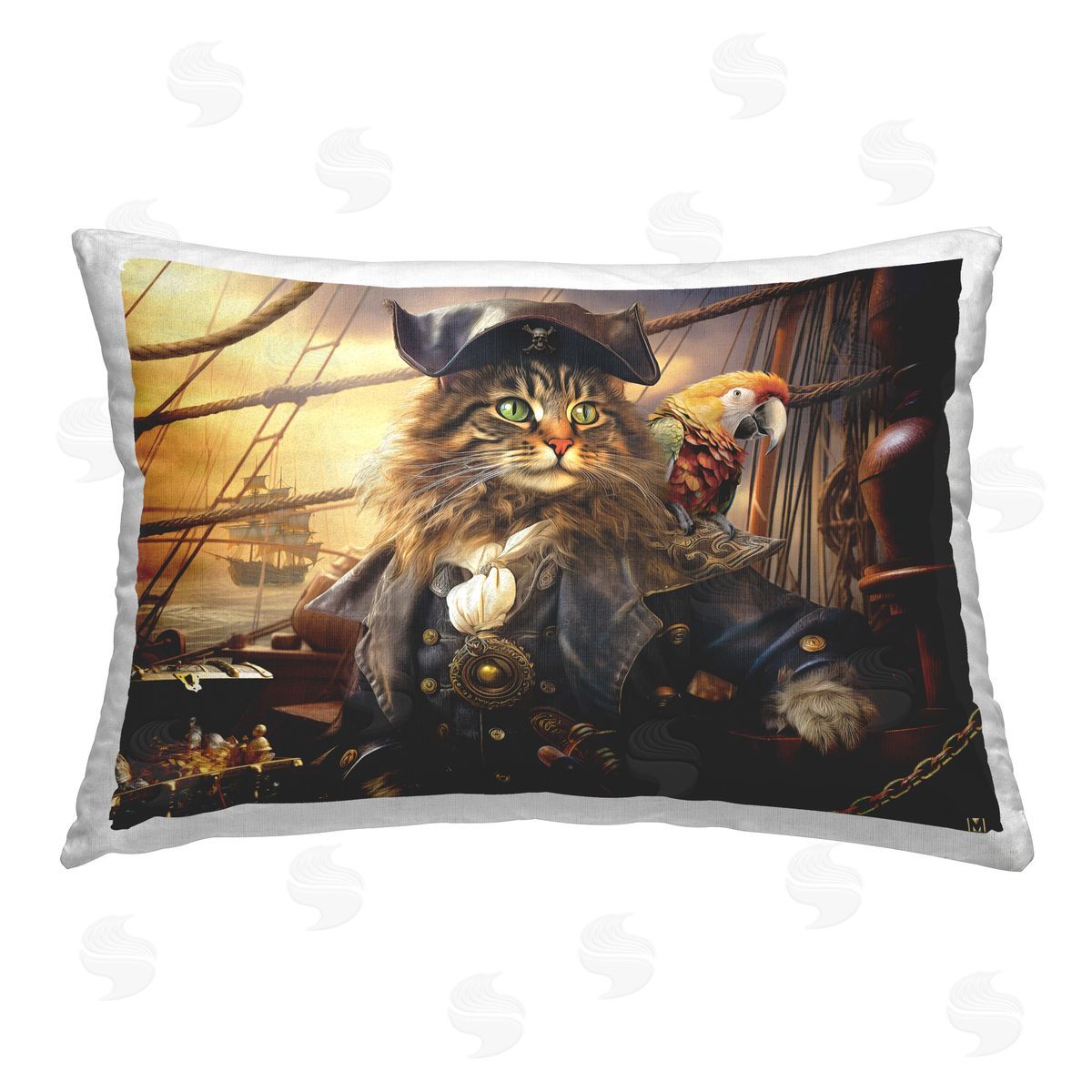 Michael David Ward Pirate Cat Aboard Ship Printed Plush Polyester Throw Pillow