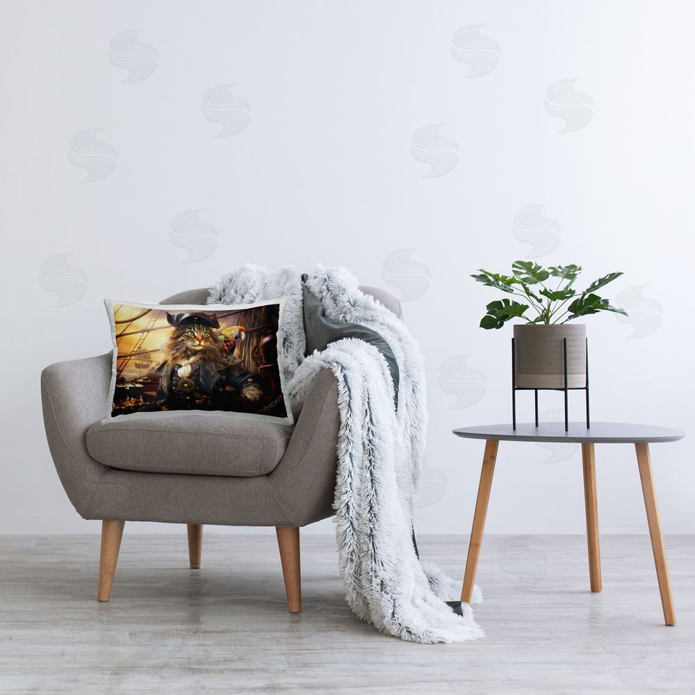 Michael David Ward Pirate Cat Aboard Ship Printed Plush Polyester Throw Pillow On Chair