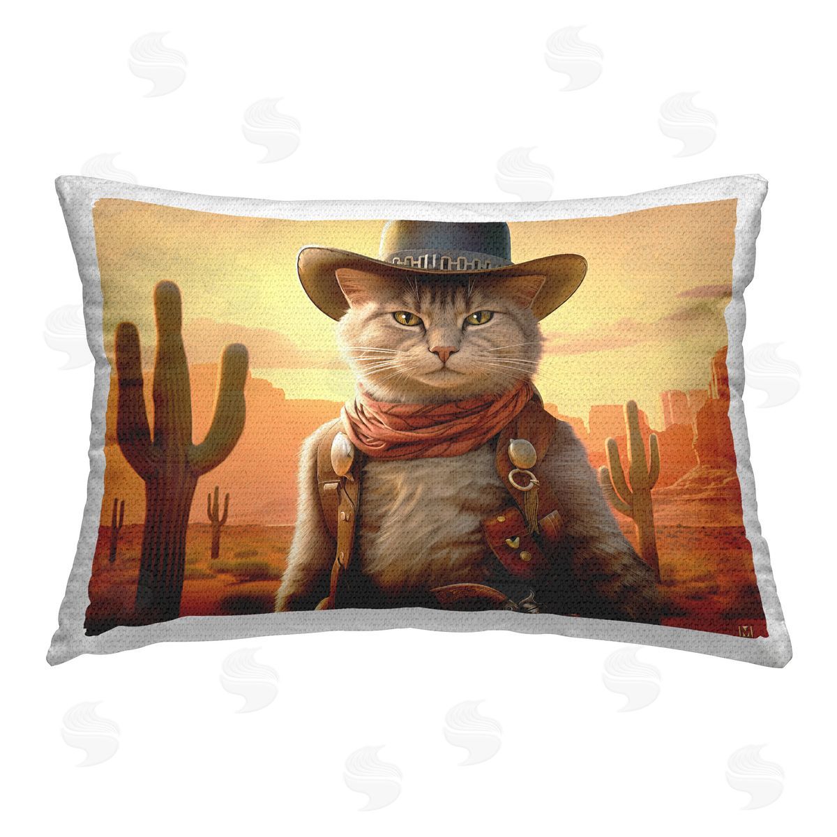 Michael David Ward Southwestern Cowboy Cat Outdoor Quick-Dry Polyester Printed Throw Pillow