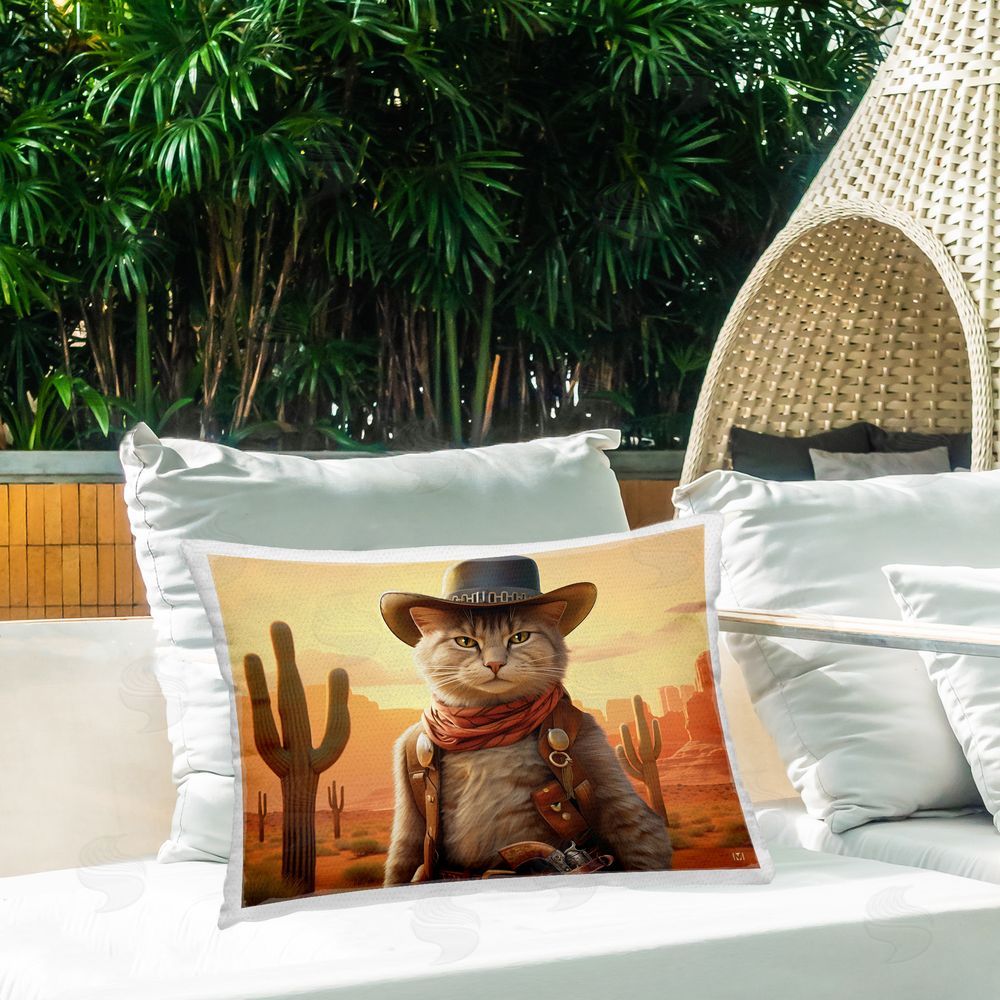 Michael David Ward Southwestern Cowboy Cat Outdoor Quick-Dry Polyester Printed Throw Pillow in Back Yard