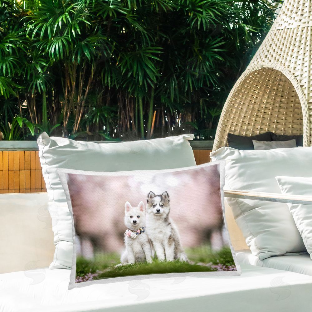 Natalie Grosse Puppies with Spring Florals Outdoor Quick-Dry Polyester Printed Throw Pillow in Back Yard