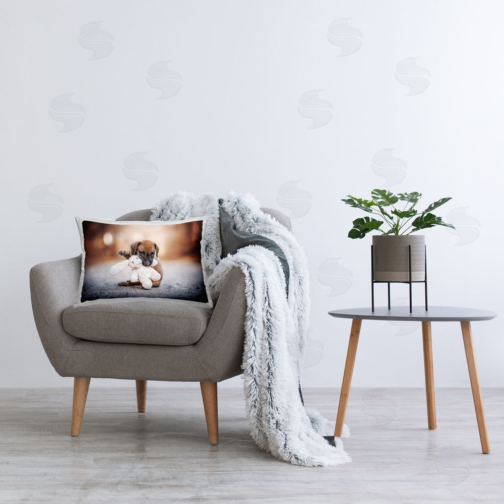 Natalie Grosse Puppy with Stuffed Bunny Printed Plush Polyester Throw Pillow On Chair