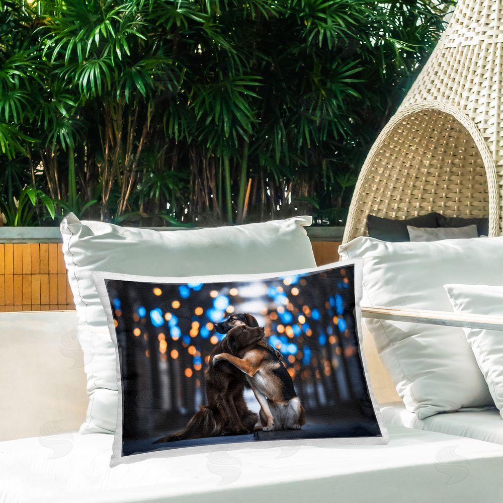 Natalie Grosse Hugging Dogs Among Bokeh Outdoor Quick-Dry Polyester Printed Throw Pillow in Back Yard