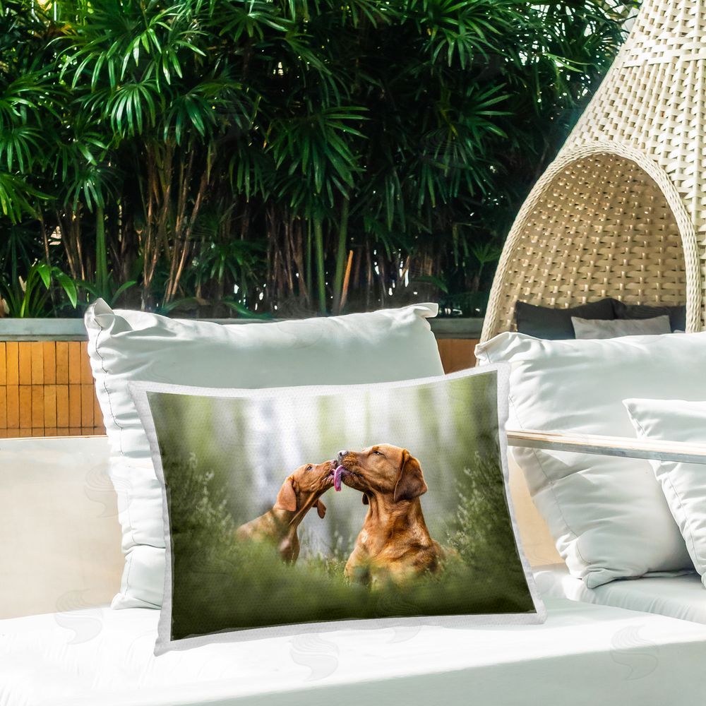 Natalie Grosse Puppies Playing in Forest Outdoor Quick-Dry Polyester Printed Throw Pillow in Back Yard