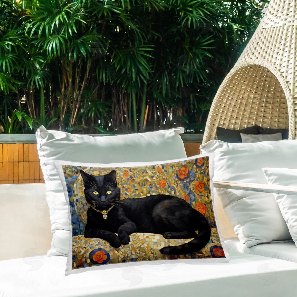 RB Luxurious Black Cat Outdoor Quick-Dry Polyester Printed Throw Pillow in Back Yard