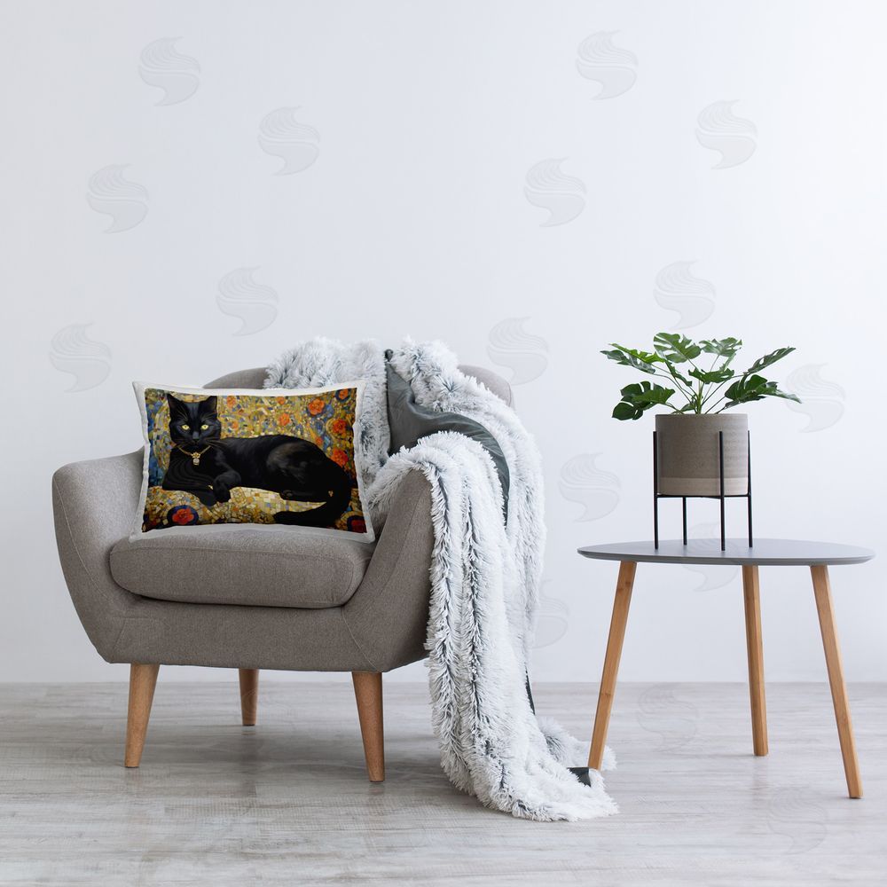 RB Luxurious Black Cat Printed Plush Polyester Throw Pillow On Chair