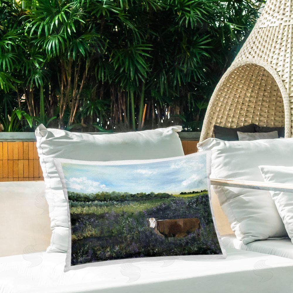Soulspeak & Sawdust Cow in Vast Meadow Outdoor Quick-Dry Polyester Printed Throw Pillow in Back Yard