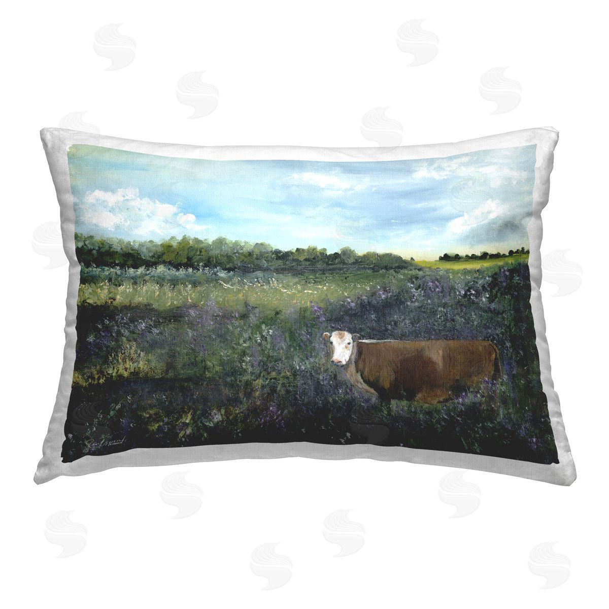 Soulspeak & Sawdust Cow in Vast Meadow Printed Plush Polyester Throw Pillow