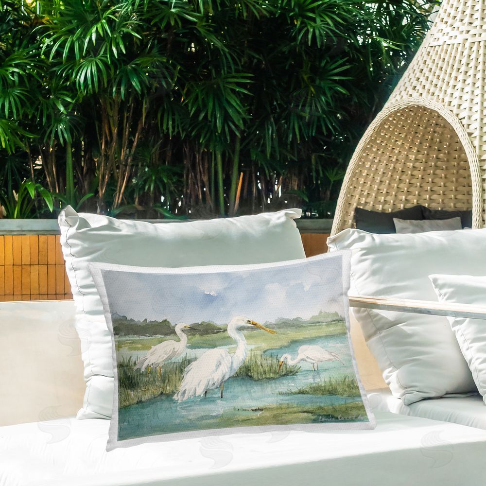 Lanie Loreth Egrets & River Scene Outdoor Quick-Dry Polyester Printed Throw Pillow in Back Yard