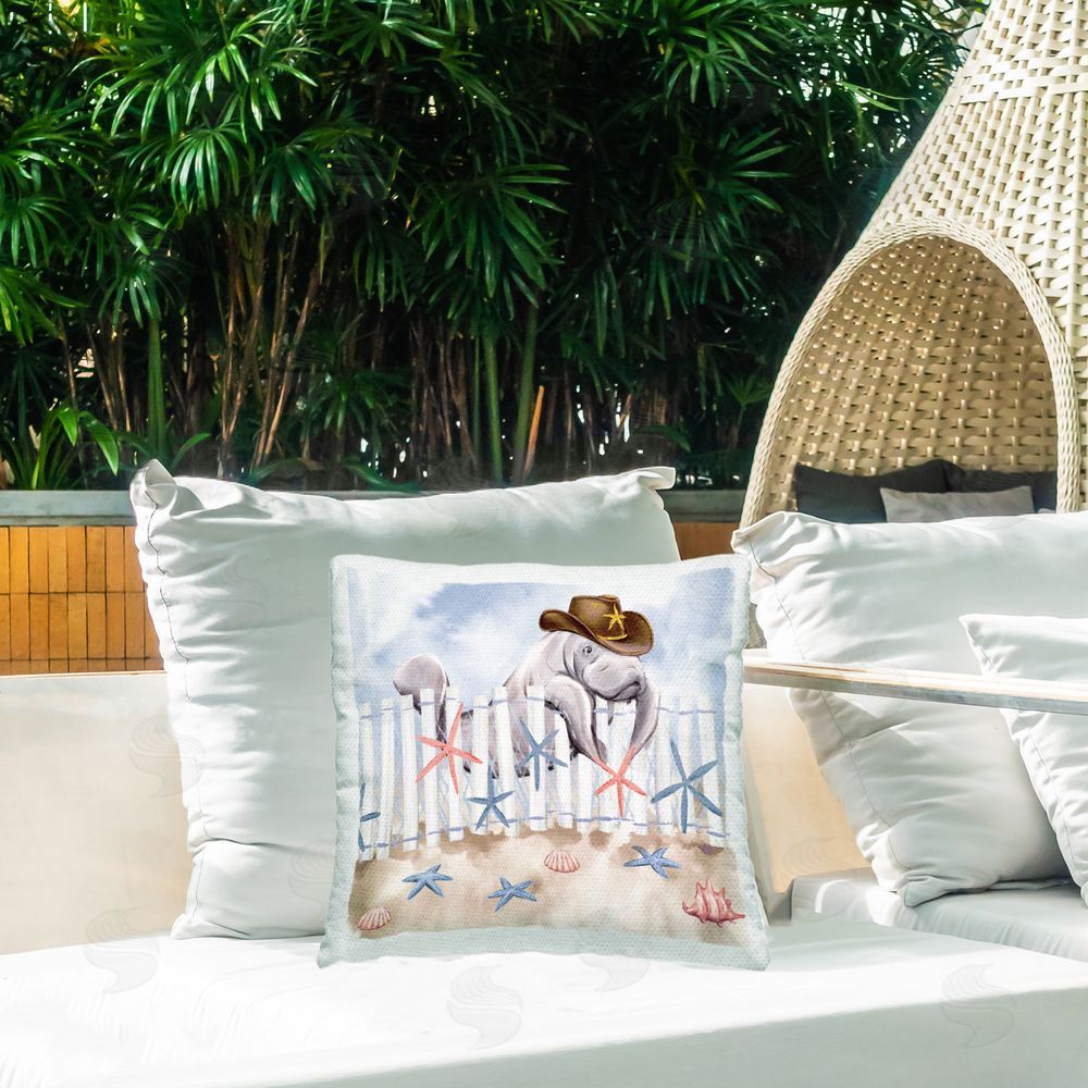 Ziwei Li Coastal Cowboy Manatee Outdoor Quick-Dry Polyester Printed Throw Pillow in Back Yard
