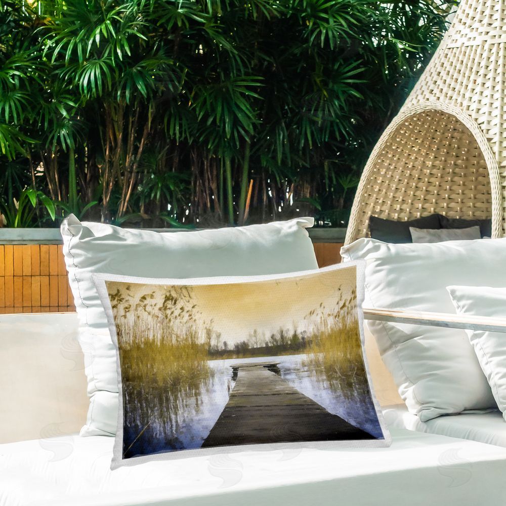 Kim Curinga Dock with Pond Reeds Outdoor Quick-Dry Polyester Printed Throw Pillow in Back Yard