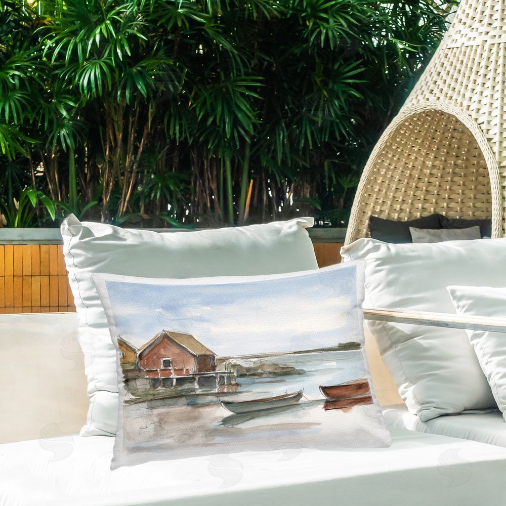 Ethan Harper Beach Shack Scenery Outdoor Quick-Dry Polyester Printed Throw Pillow in Back Yard