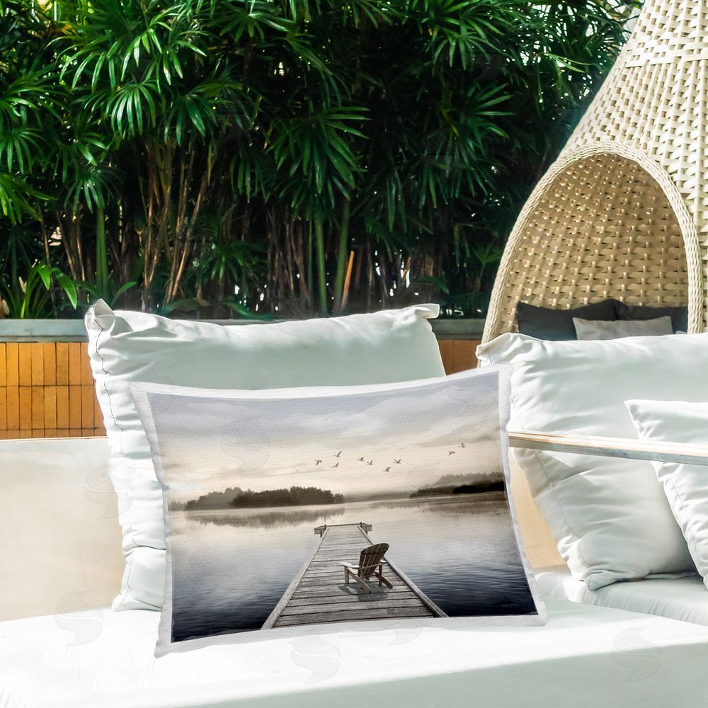 Amber Sterling Waterfront Dock View Outdoor Quick-Dry Polyester Printed Throw Pillow in Back Yard