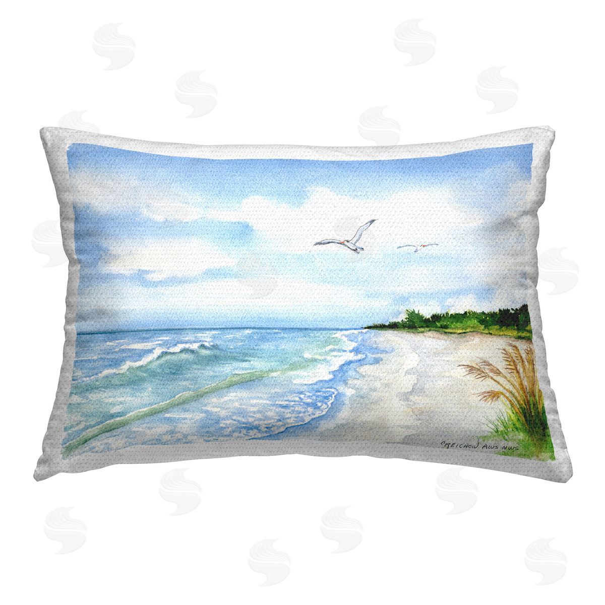 Christine Reichow Seagulls over Shoreline Outdoor Quick-Dry Polyester Printed Throw Pillow