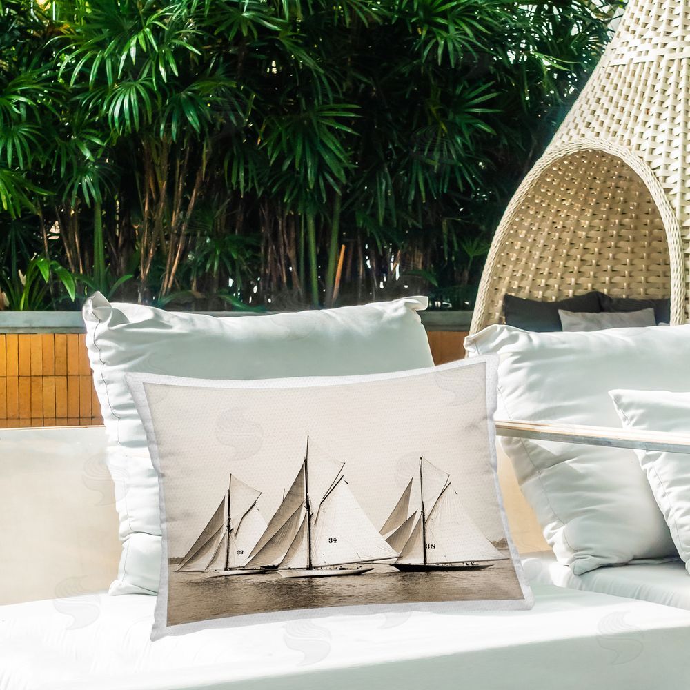 Graffitee Studios Naval Sailboat Fleet Outdoor Quick-Dry Polyester Printed Throw Pillow in Back Yard