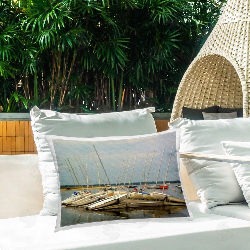 Graffitee Studios Boats Docked at Port Outdoor Quick-Dry Polyester Printed Throw Pillow in Back Yard