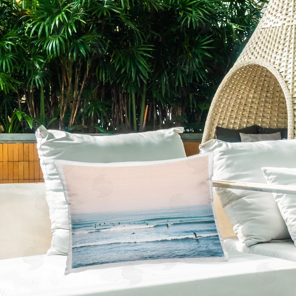 Sisi and Seb Pastel Surfing Scene Outdoor Quick-Dry Polyester Printed Throw Pillow in Back Yard