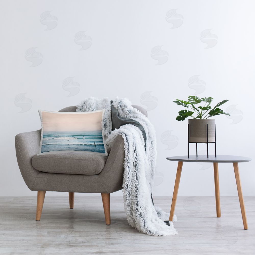 Sisi and Seb Pastel Surfing Scene Printed Plush Polyester Throw Pillow On Chair