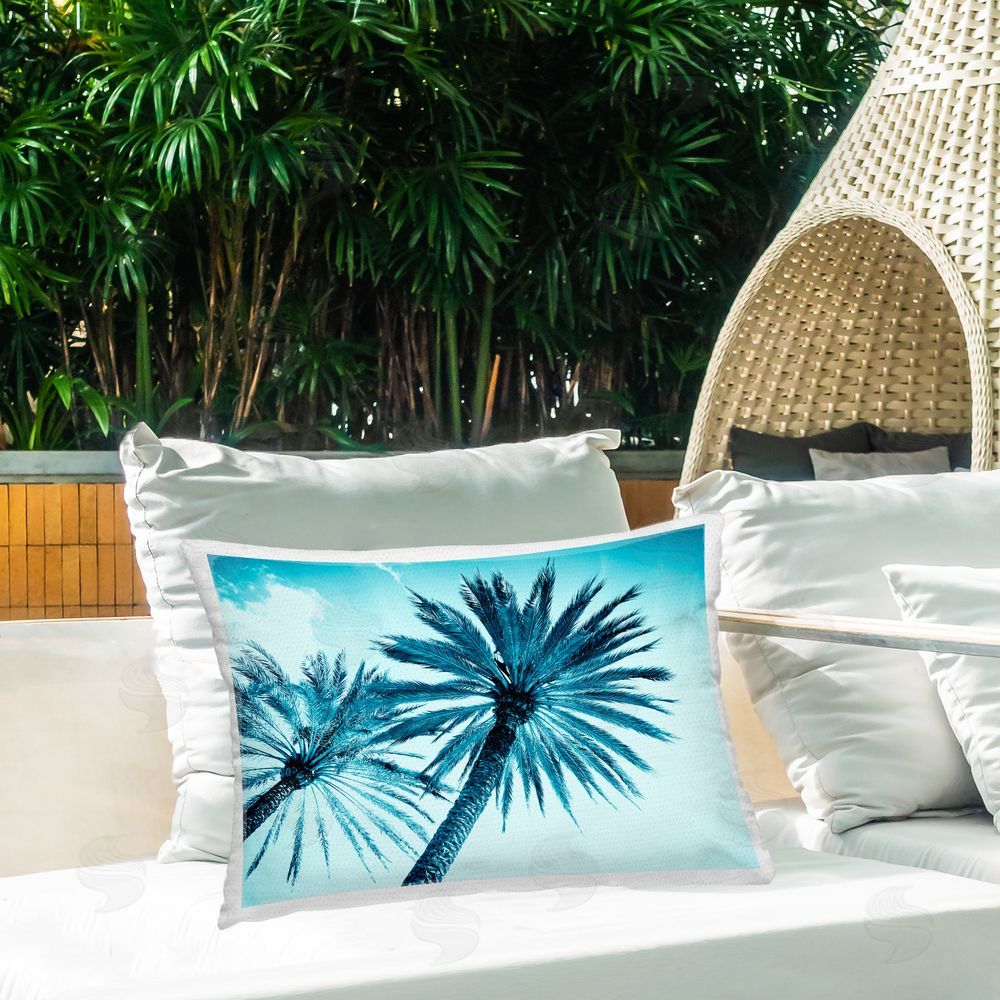 Tai Prints Blue Tropical Palms Outdoor Quick-Dry Polyester Printed Throw Pillow in Back Yard