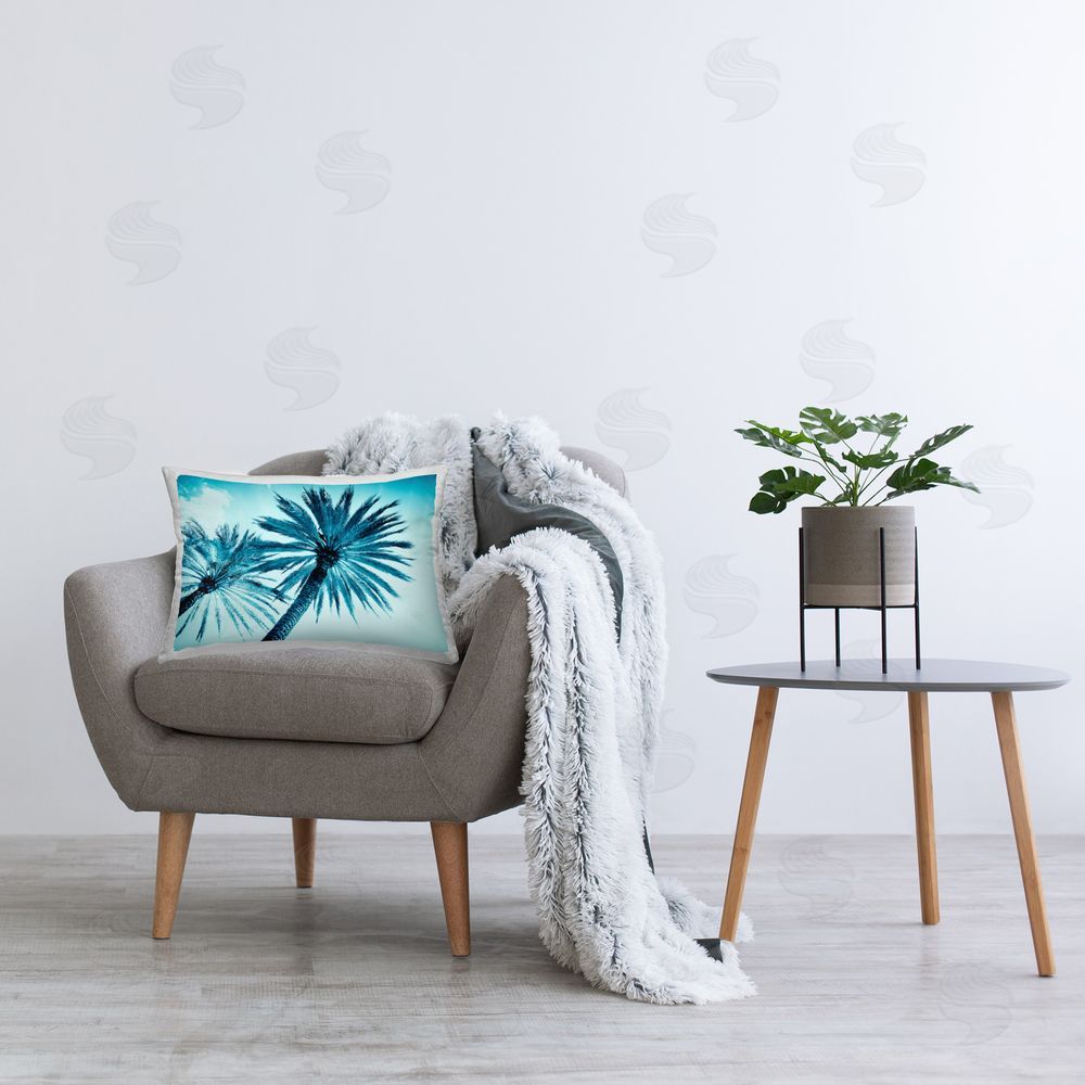 Tai Prints Blue Tropical Palms Printed Plush Polyester Throw Pillow On Chair