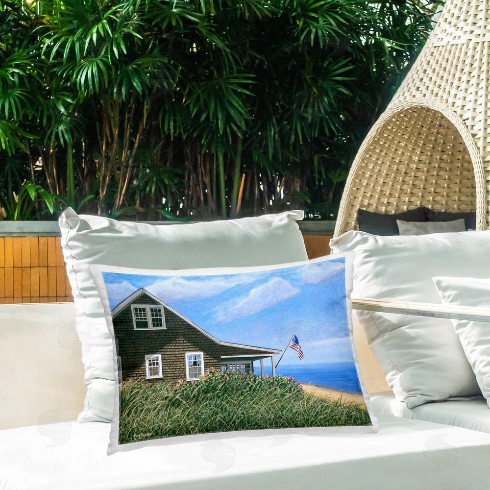 Tom Mielko Cape House with Flag Outdoor Quick-Dry Polyester Printed Throw Pillow in Back Yard