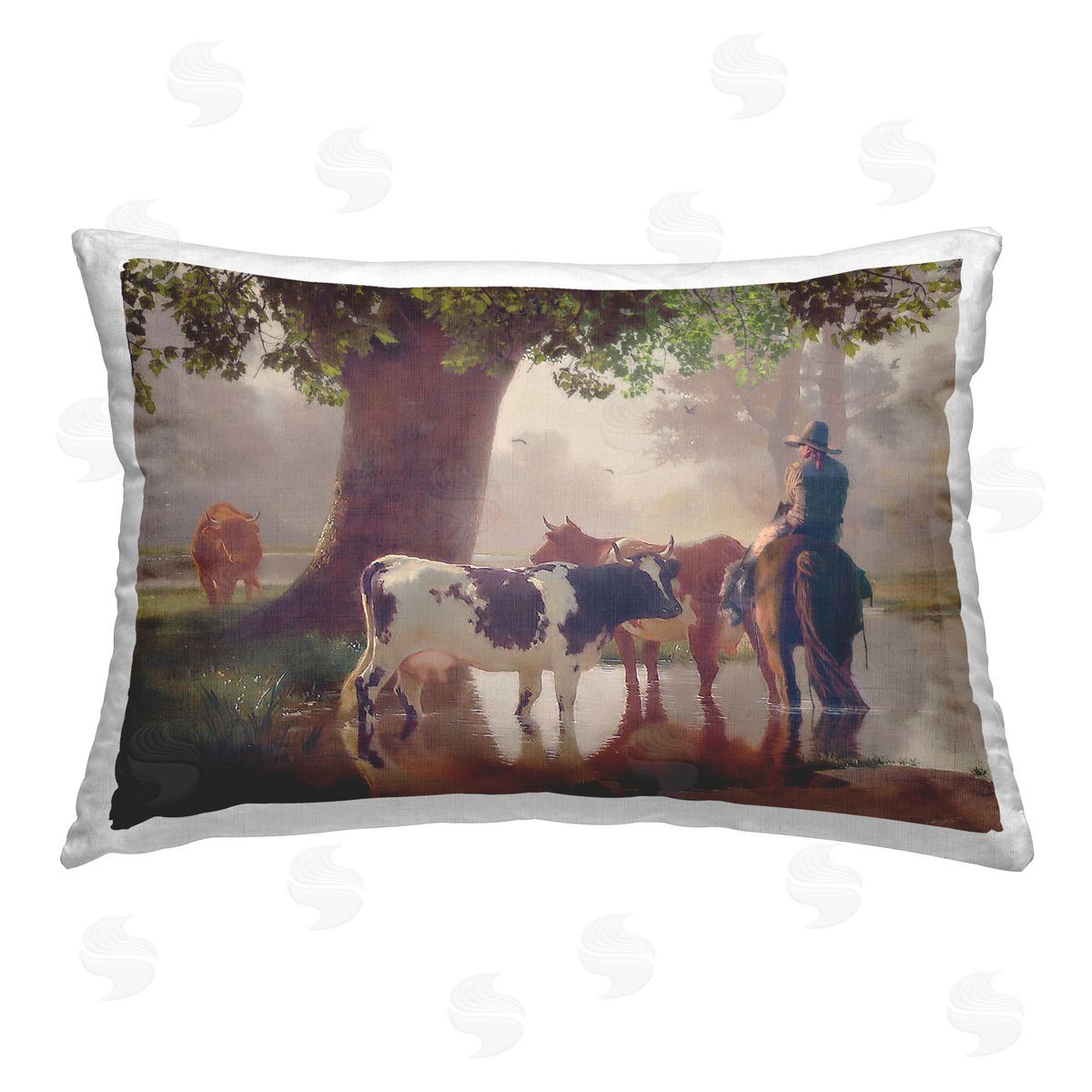 Steve Hunziker Cowboy & River Scenery Printed Plush Polyester Throw Pillow