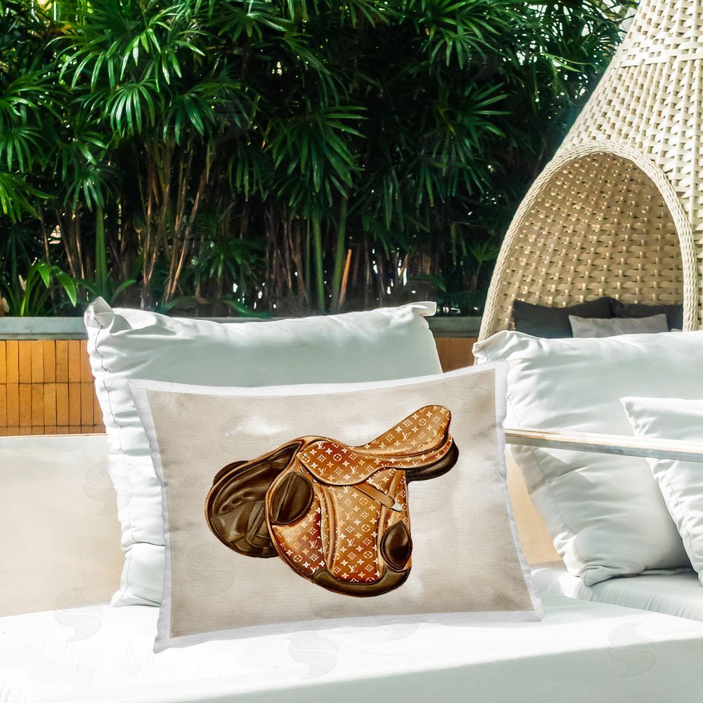 Ziwei Li Designer Equestrian Saddle Outdoor Quick-Dry Polyester Printed Throw Pillow in Back Yard