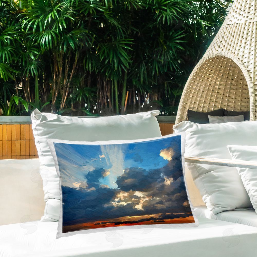 Emily Kalina Abstract Clouded Sun Rays Outdoor Quick-Dry Polyester Printed Throw Pillow in Back Yard