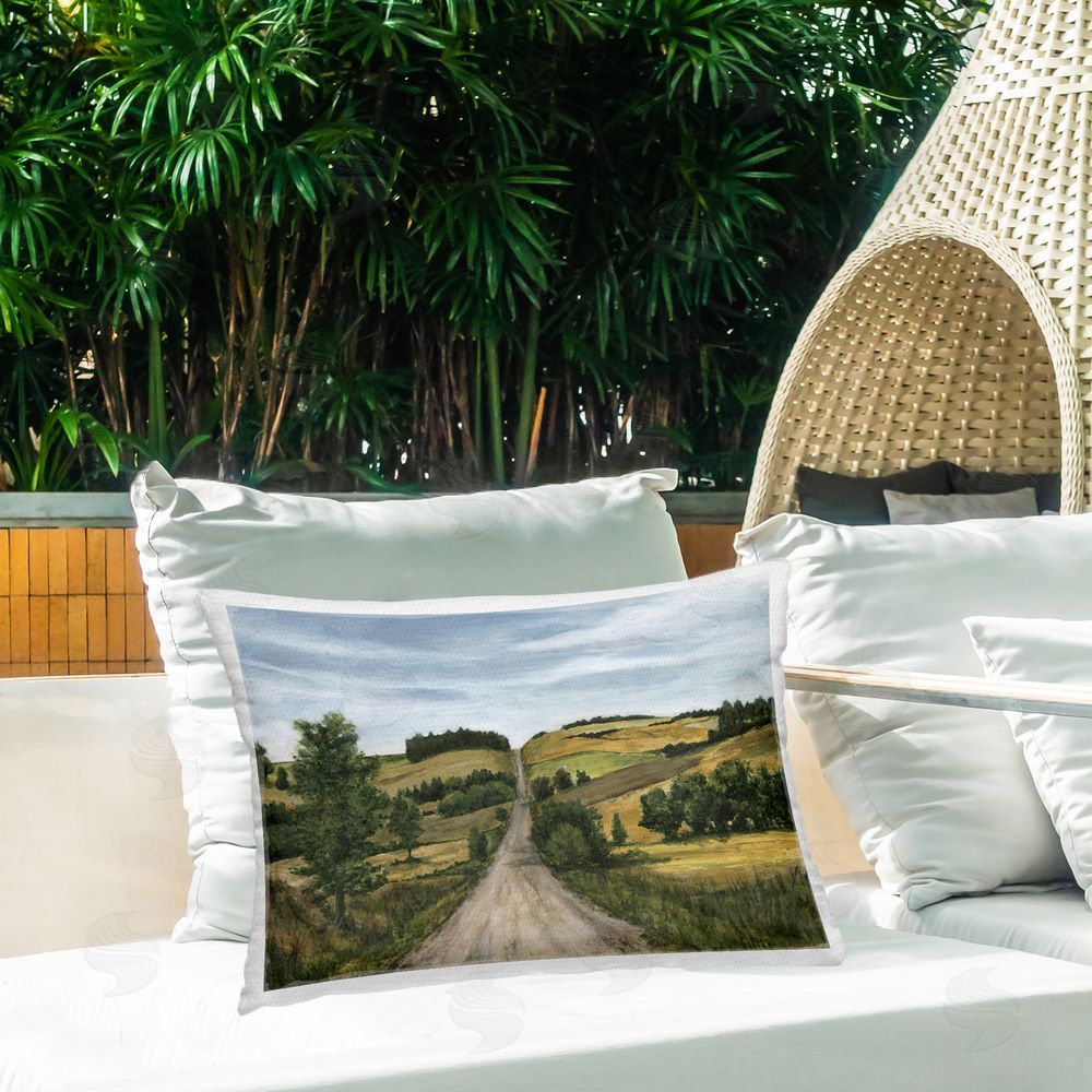 Michael Willett Farm Pastures Path Outdoor Quick-Dry Polyester Printed Throw Pillow in Back Yard
