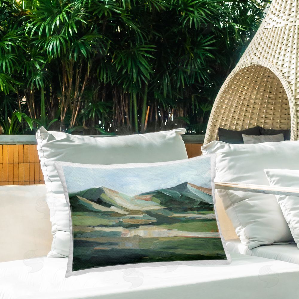 Ethan Harper Green Brushed Mountains Outdoor Quick-Dry Polyester Printed Throw Pillow in Back Yard