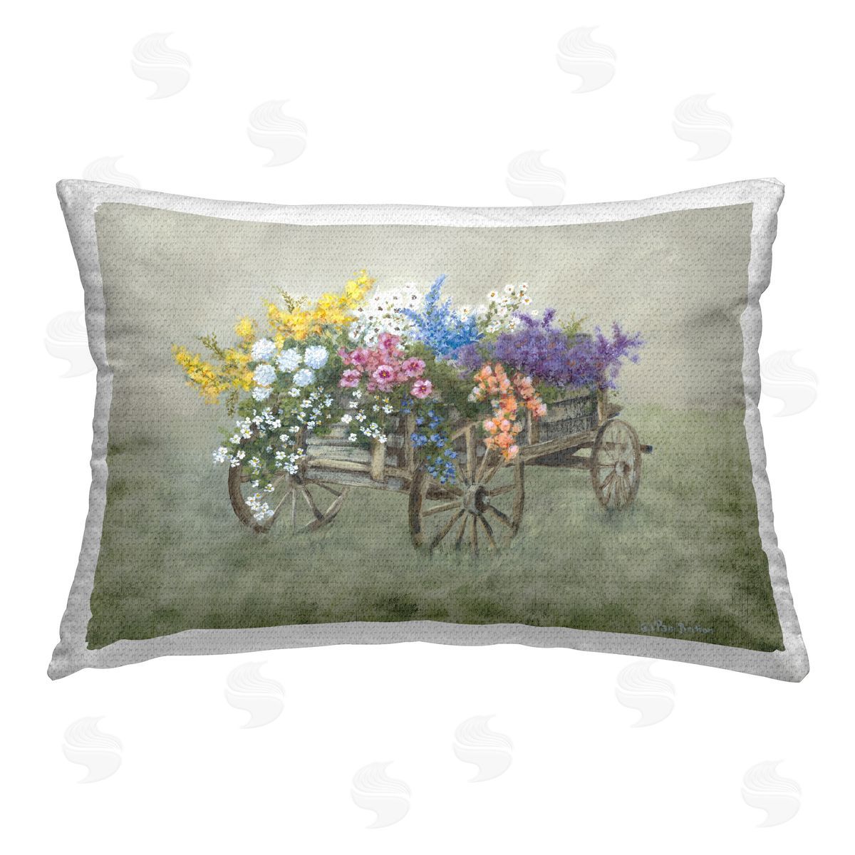 Pam Britton Wagon with Spring Blooms Outdoor Quick-Dry Polyester Printed Throw Pillow