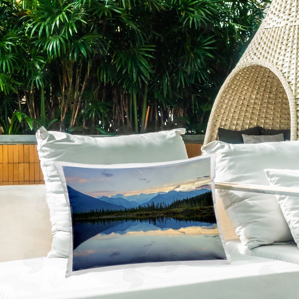 Margaret Clavell Blue Mountain Reflection Outdoor Quick-Dry Polyester Printed Throw Pillow in Back Yard