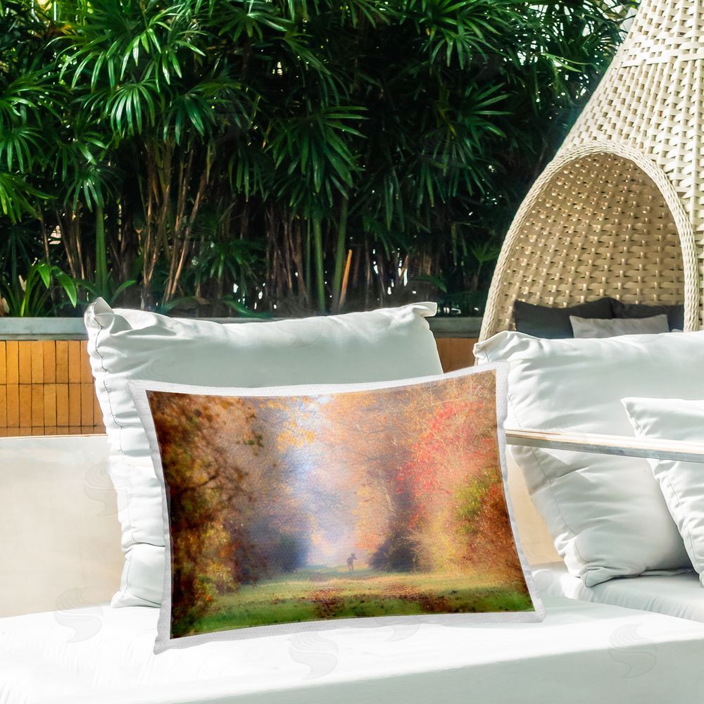 Carrie Ann Grippo-Pike Fawn & Autumnal Foliage Outdoor Quick-Dry Polyester Printed Throw Pillow in Back Yard