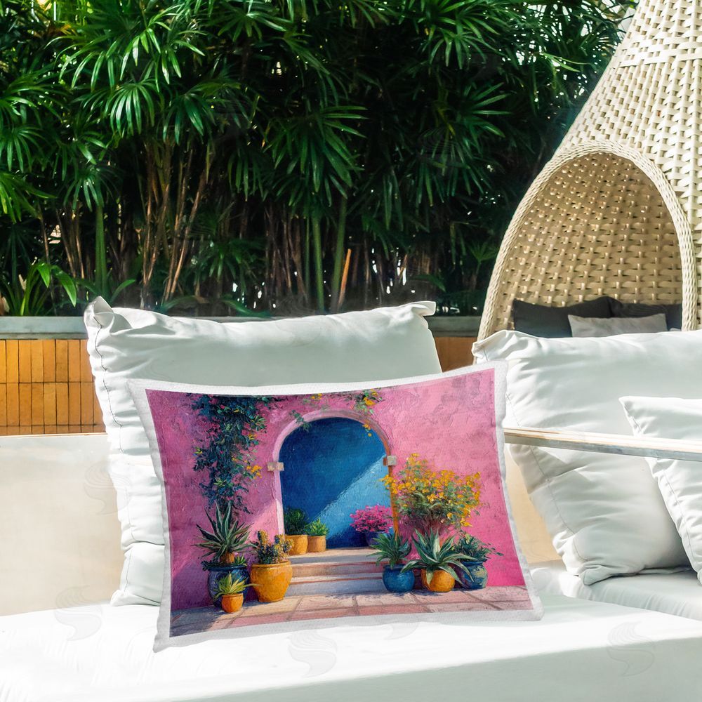 Imagine It Images Floral Arched Doorway Outdoor Quick-Dry Polyester Printed Throw Pillow in Back Yard