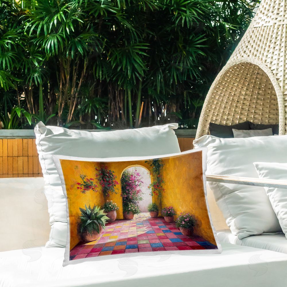 Imagine It Images Floral Hacienda Archway Outdoor Quick-Dry Polyester Printed Throw Pillow in Back Yard