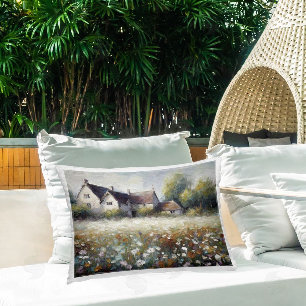 Ramona Murdock Cottage House Meadow Outdoor Quick-Dry Polyester Printed Throw Pillow in Back Yard